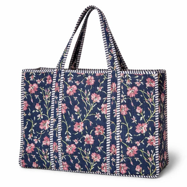 Large Floral Navy Quilted Cotton Travel Tote Bag