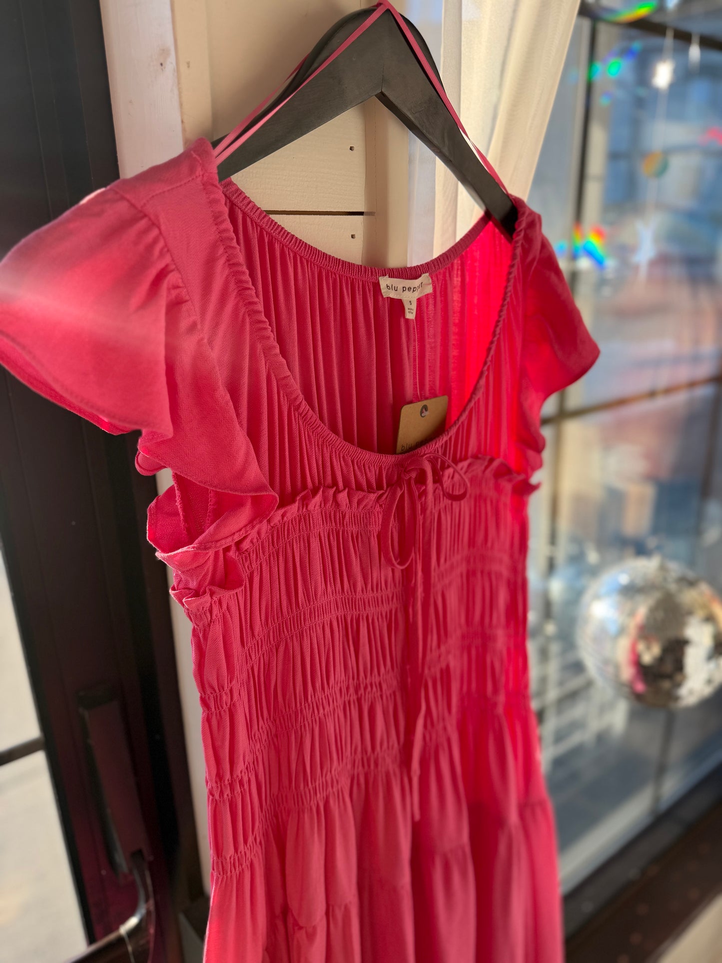 Shirred Ruffle Sleeve Midi Dress