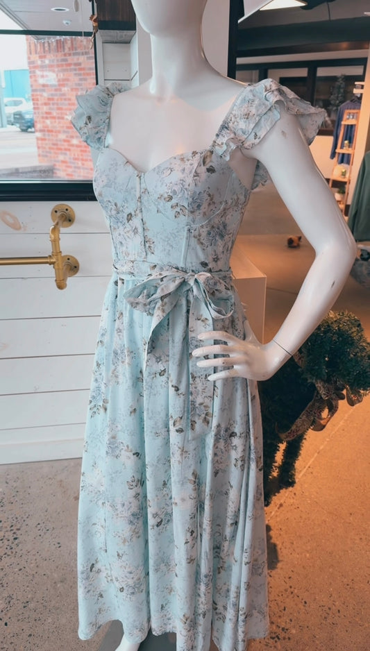 FLORAL WAIST TIE SIDE SLIT CORSET MAXI DRESS