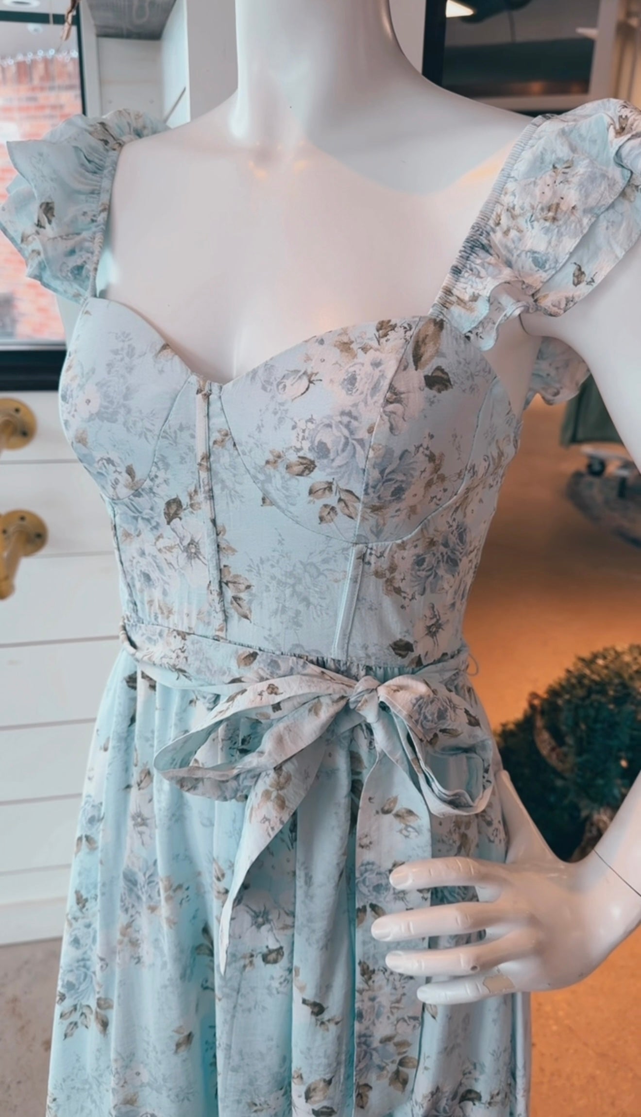 FLORAL WAIST TIE SIDE SLIT CORSET MAXI DRESS