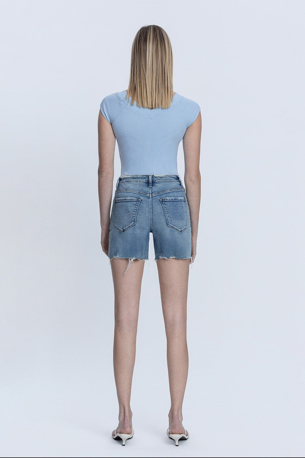 High Rise Distressed Raw Hem Shorts