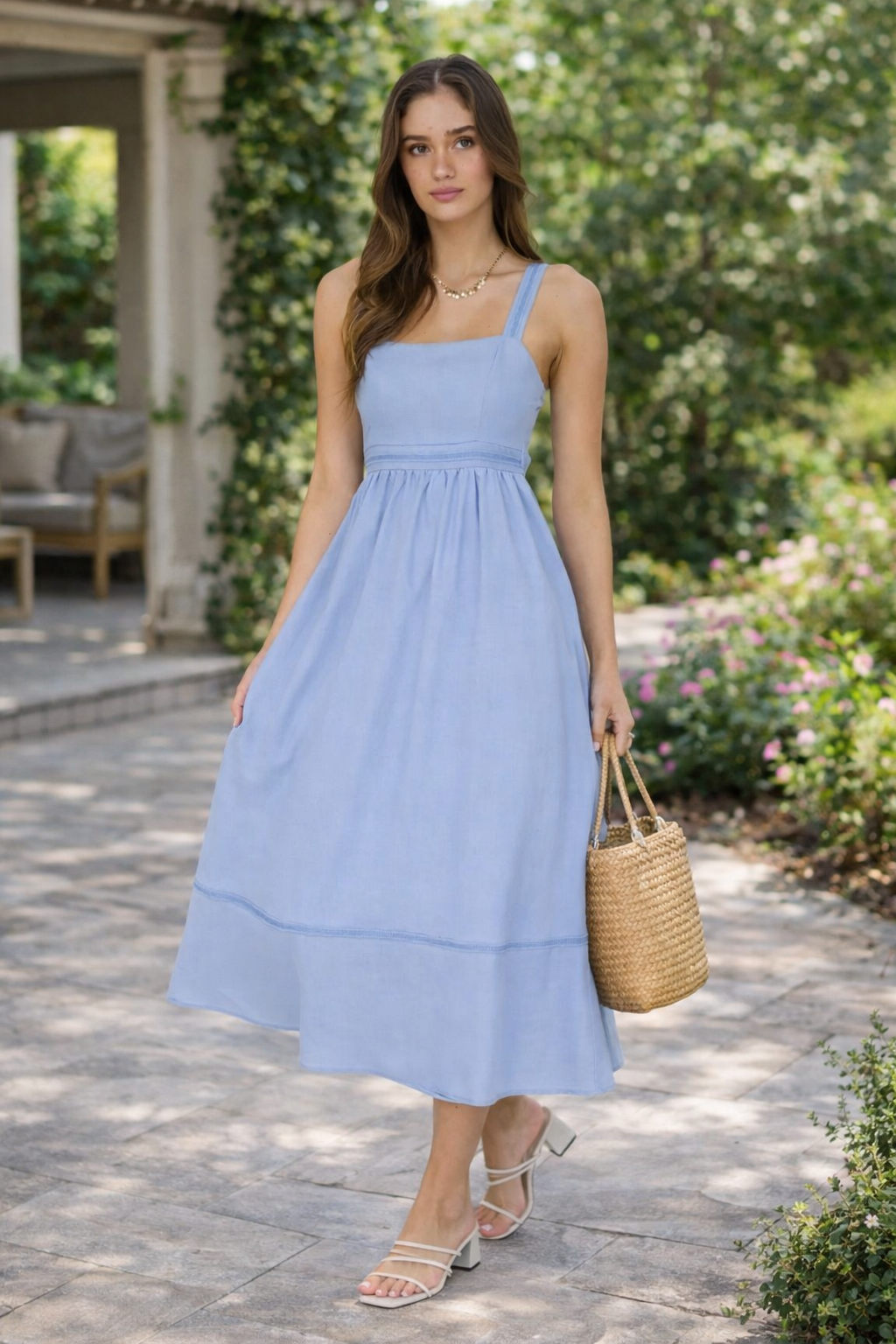Square Neck Lace Trim Midi Dress