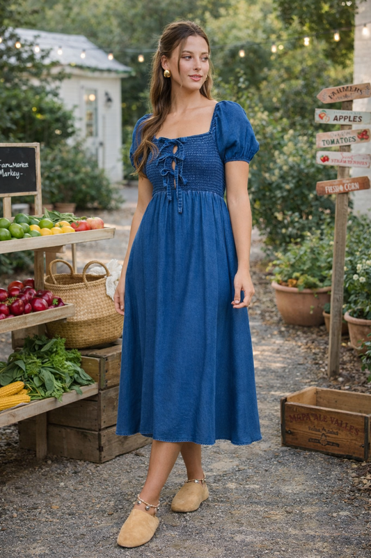 Smocked Square-Neck Tie-Front Denim Midi Dress