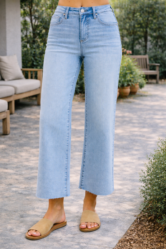 Risen Jeans: 27.5" Inseam Tummy Control High Rise Crop Wide Leg Jeans