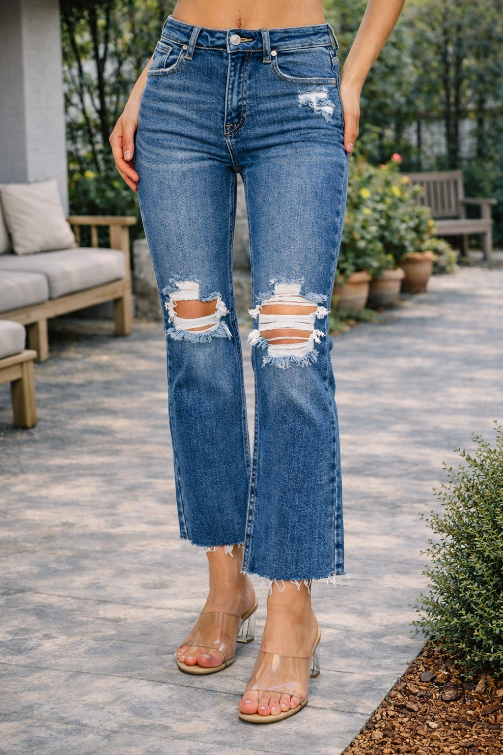 Risen Jeans: 27 1/2" Inseam High Rise Knee Distressed Ankle Jeans