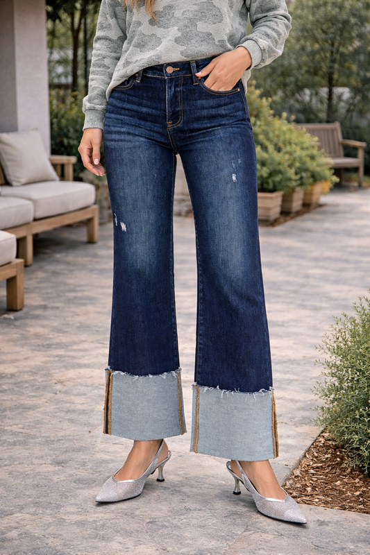 Risen Jeans: (36 3/4" Inseam before cuffing) High Rise Ankle Wide Cuffed Jeans