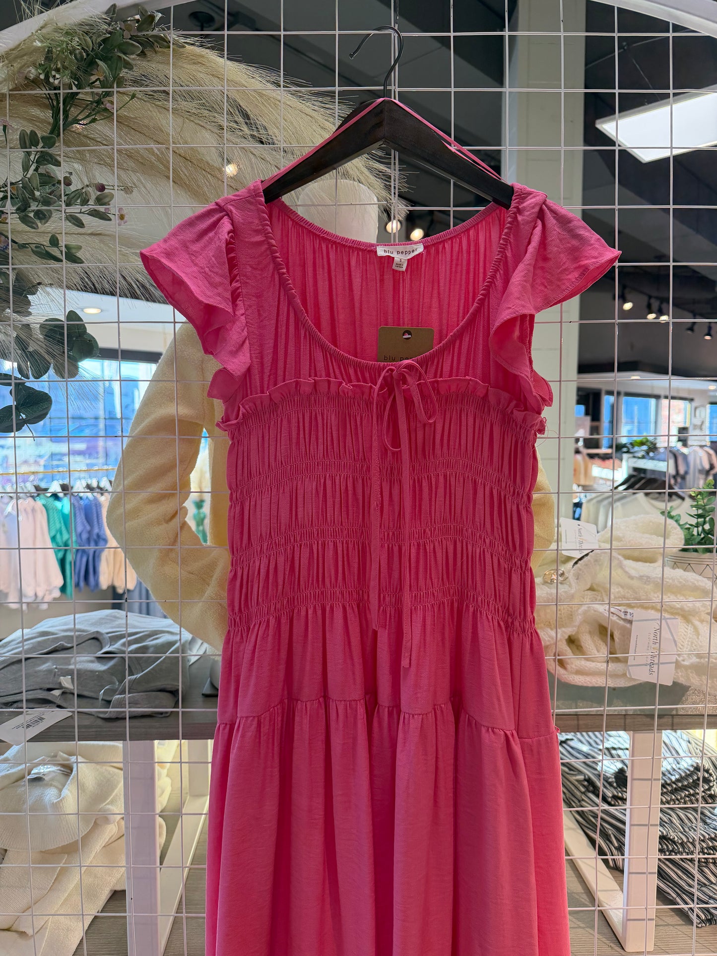 Shirred Ruffle Sleeve Midi Dress