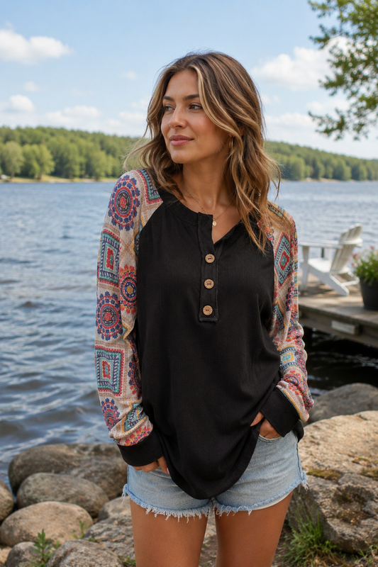 Aztec Sleeve Henley Top