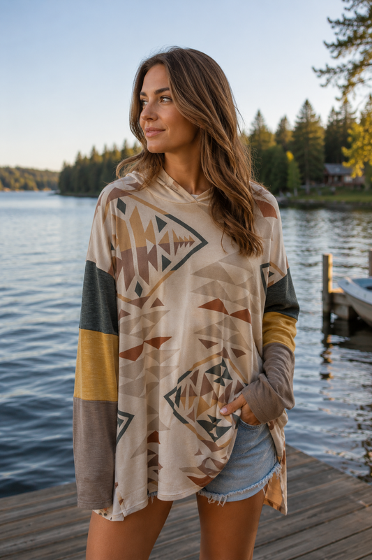 Aztec Color Block Hoodie Top