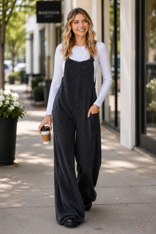 Ribbed Wide Leg Overall Jumpsuit