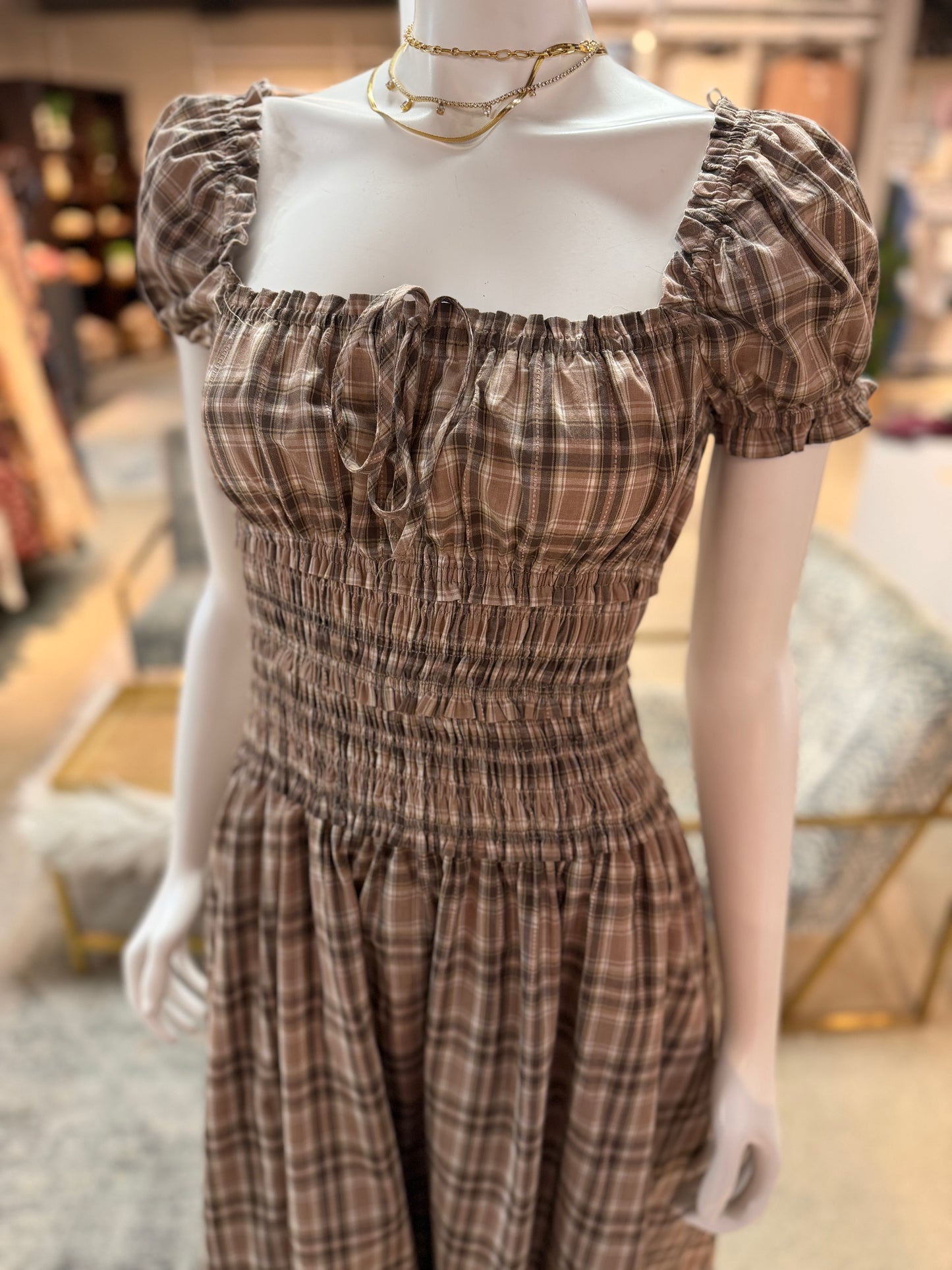 Plaid Puff Sleeve Smocked Midi Dress