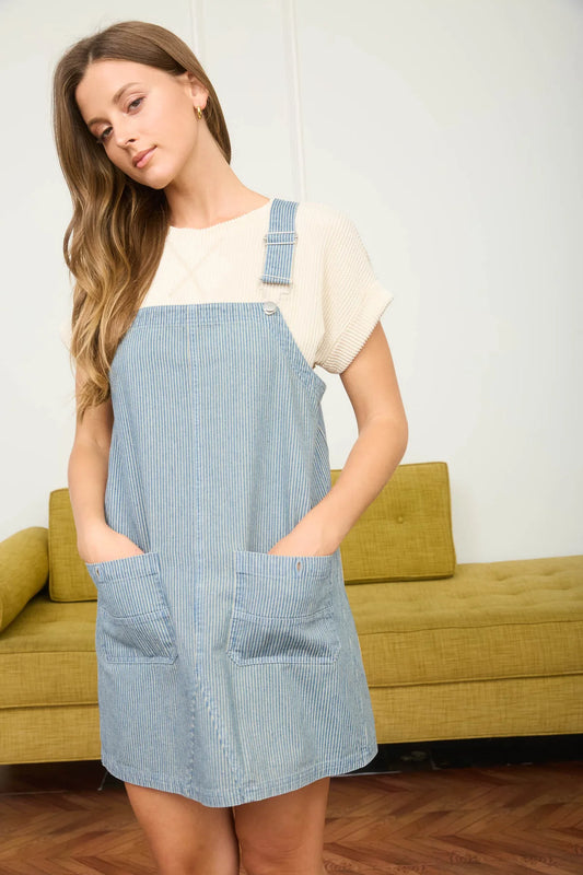 Striped Denim Overall Mini Dress