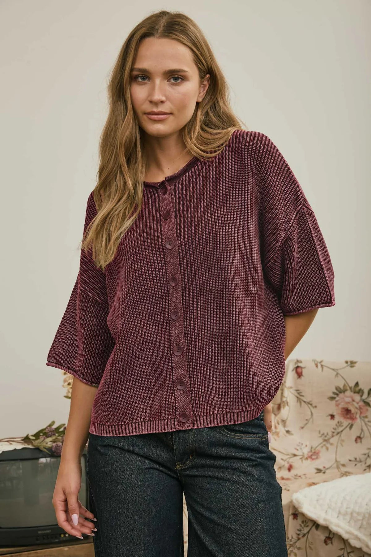 Washed Ribbed Short Sleeve Cardigan