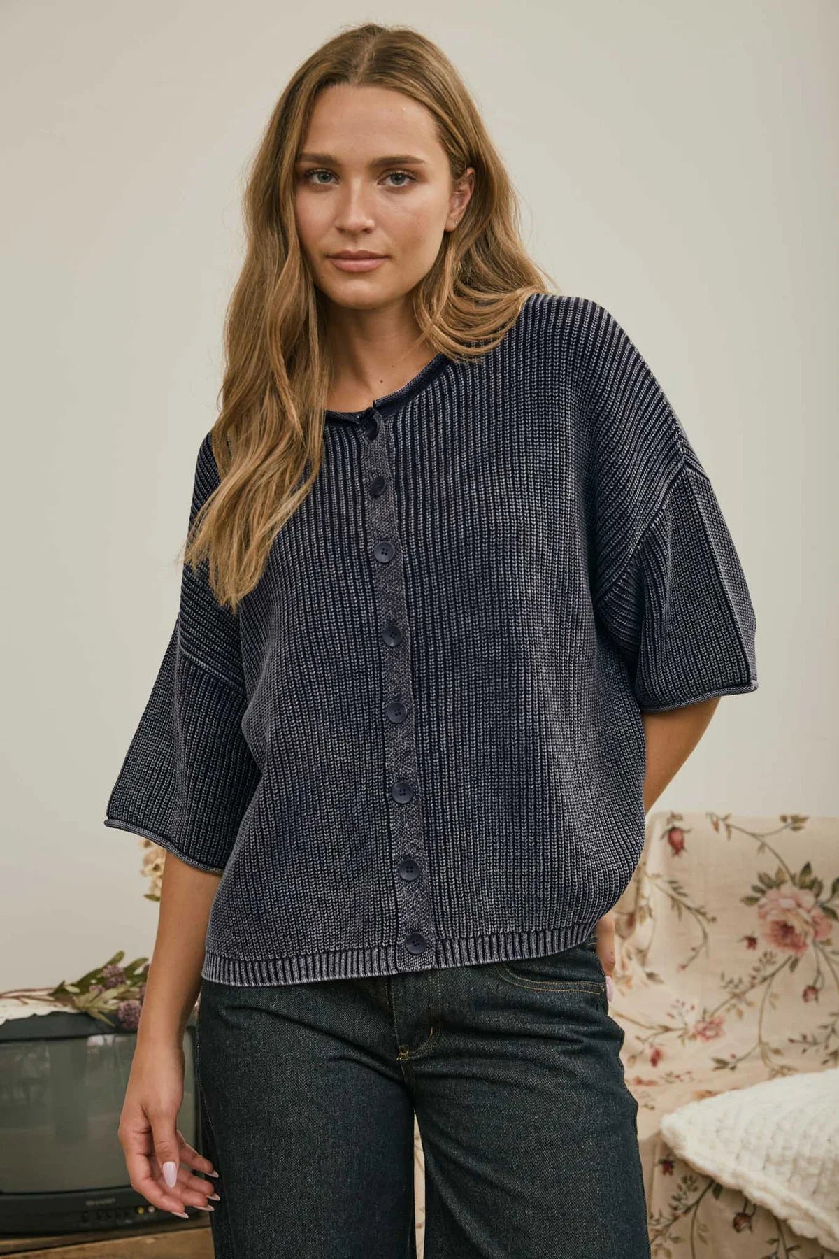 Washed Ribbed Short Sleeve Cardigan