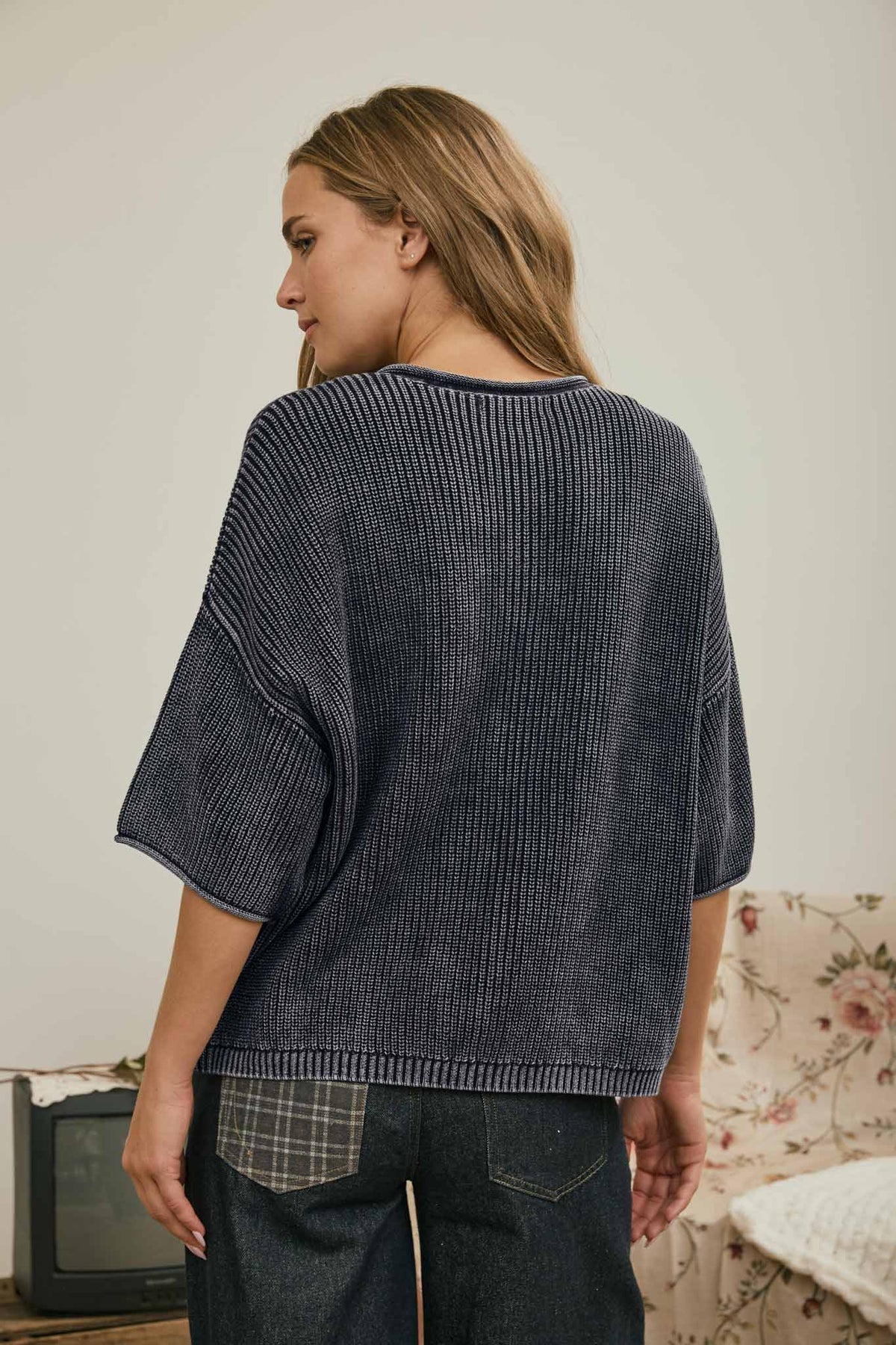 Washed Ribbed Short Sleeve Cardigan