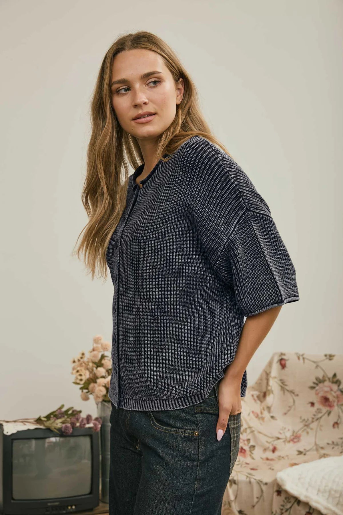 Washed Ribbed Short Sleeve Cardigan