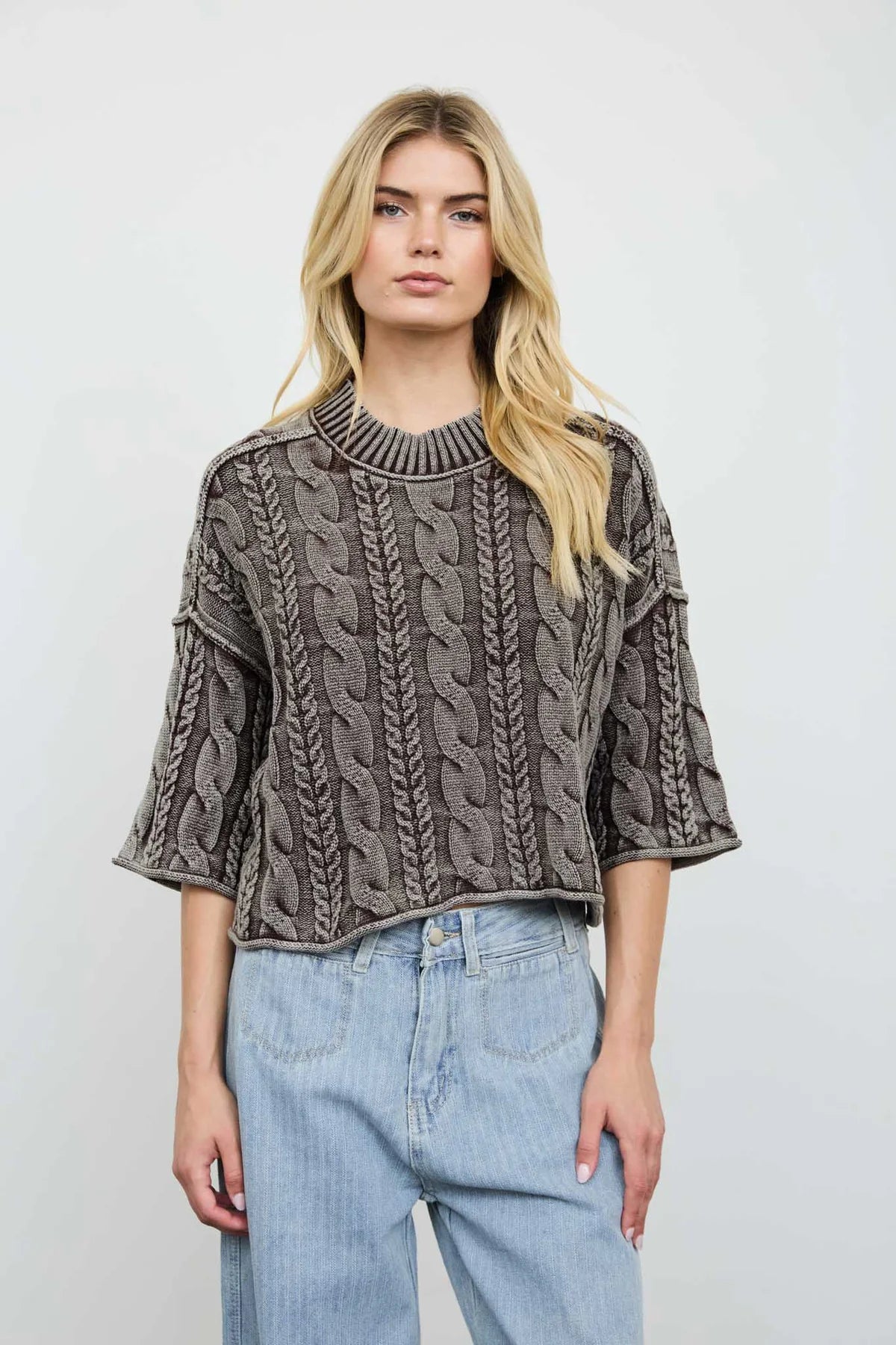 Washed Cable Knit Turtleneck Sweater