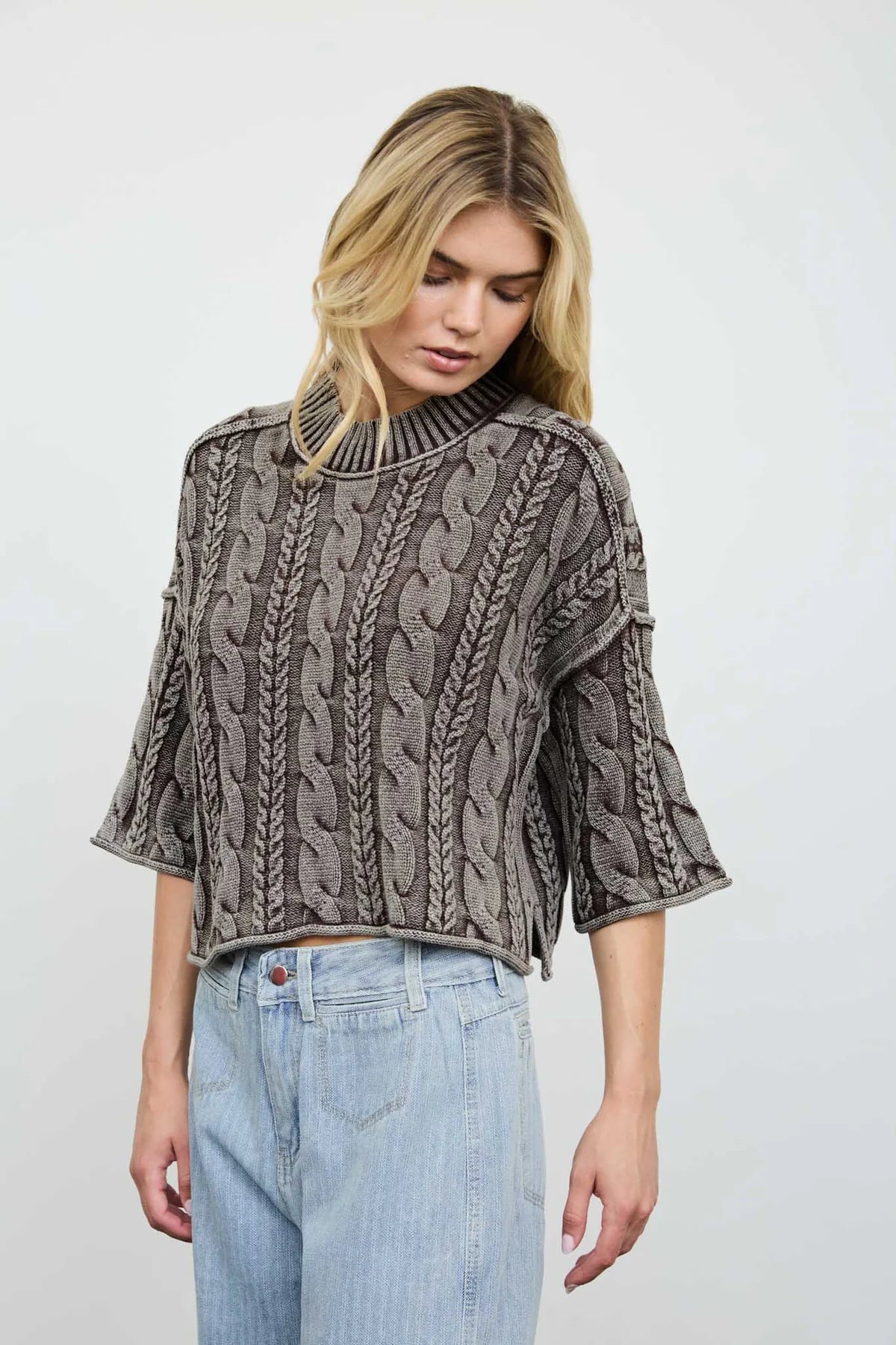 Washed Cable Knit Turtleneck Sweater