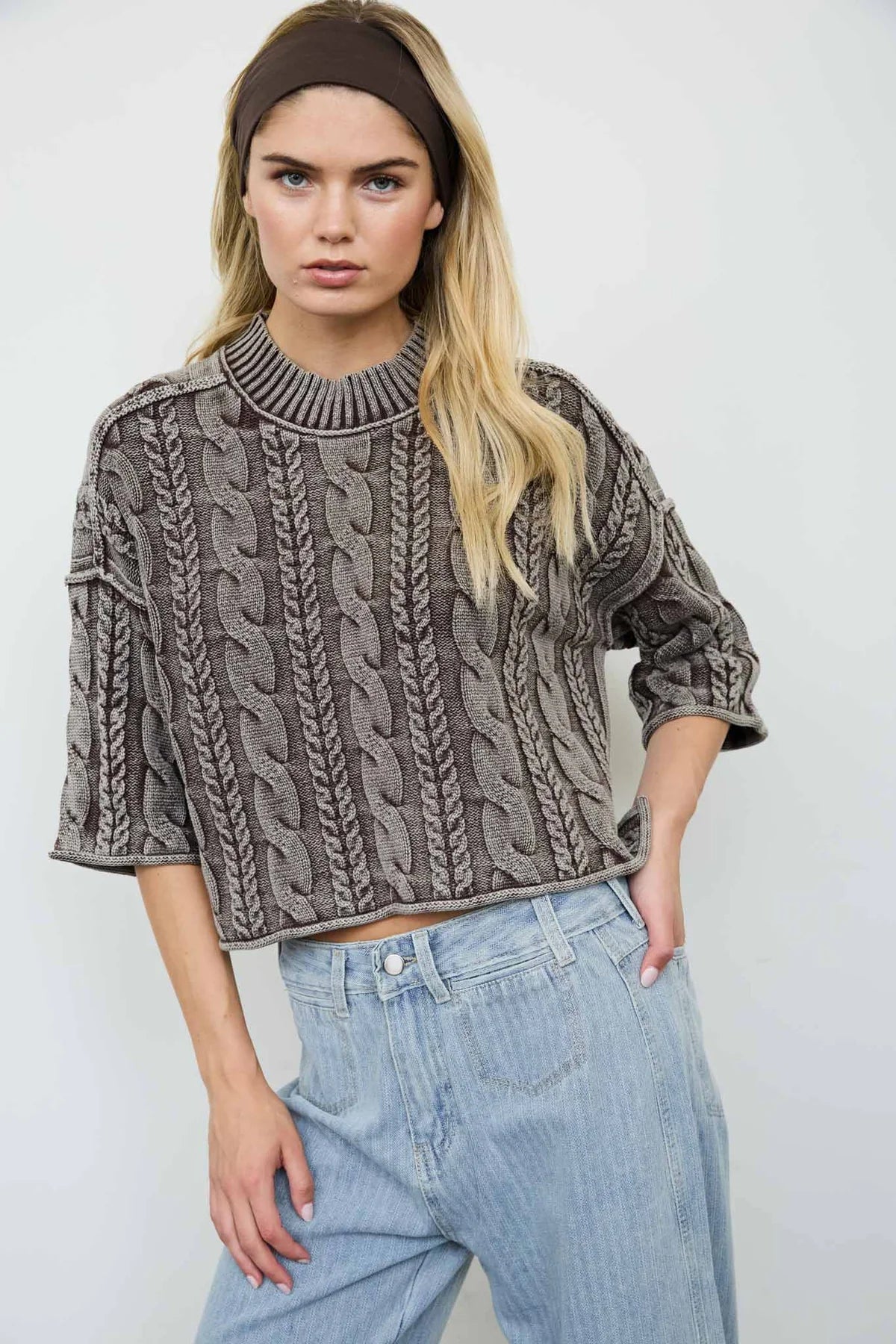 Washed Cable Knit Turtleneck Sweater