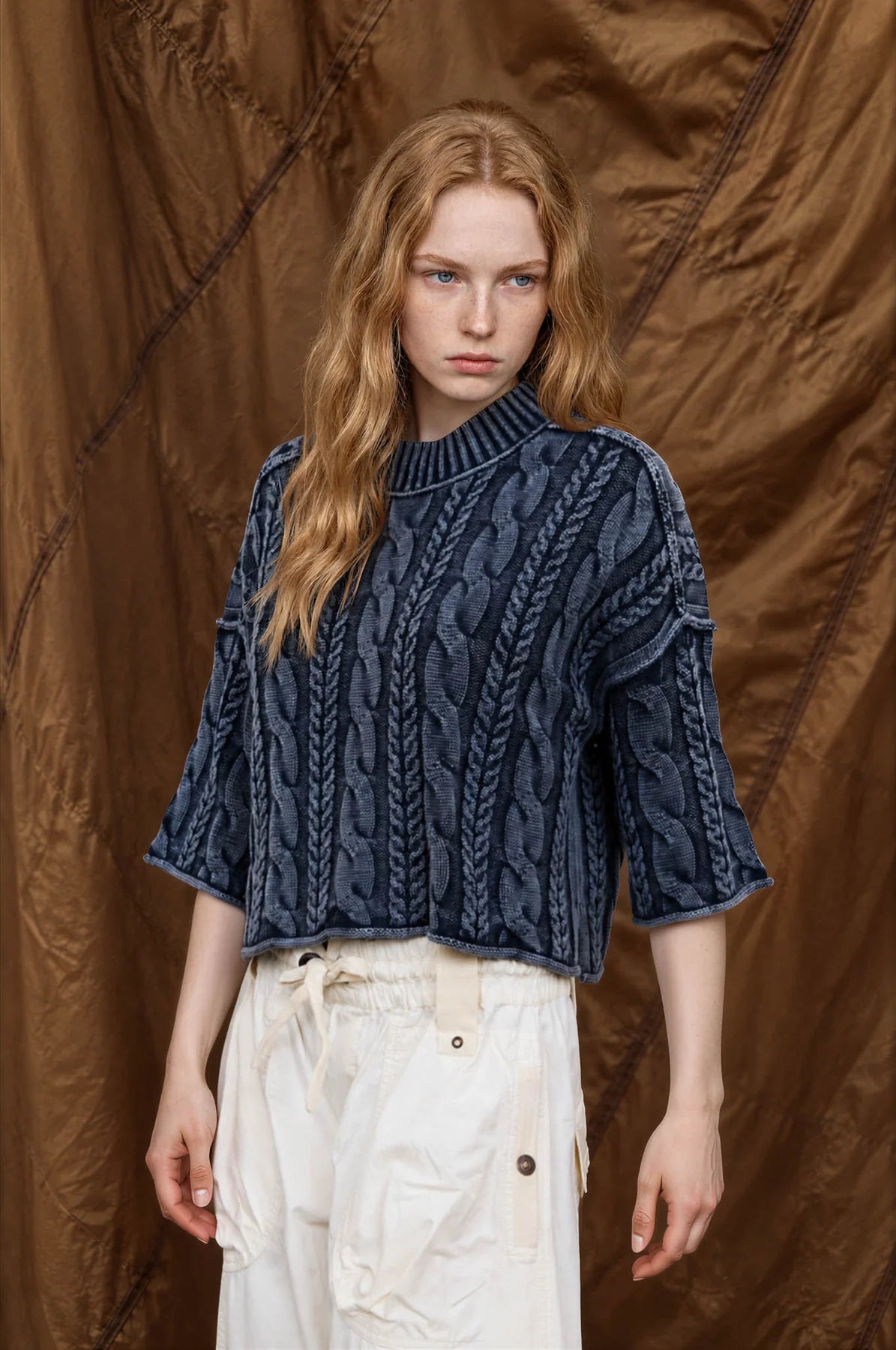 Washed Cable Knit Turtleneck Sweater