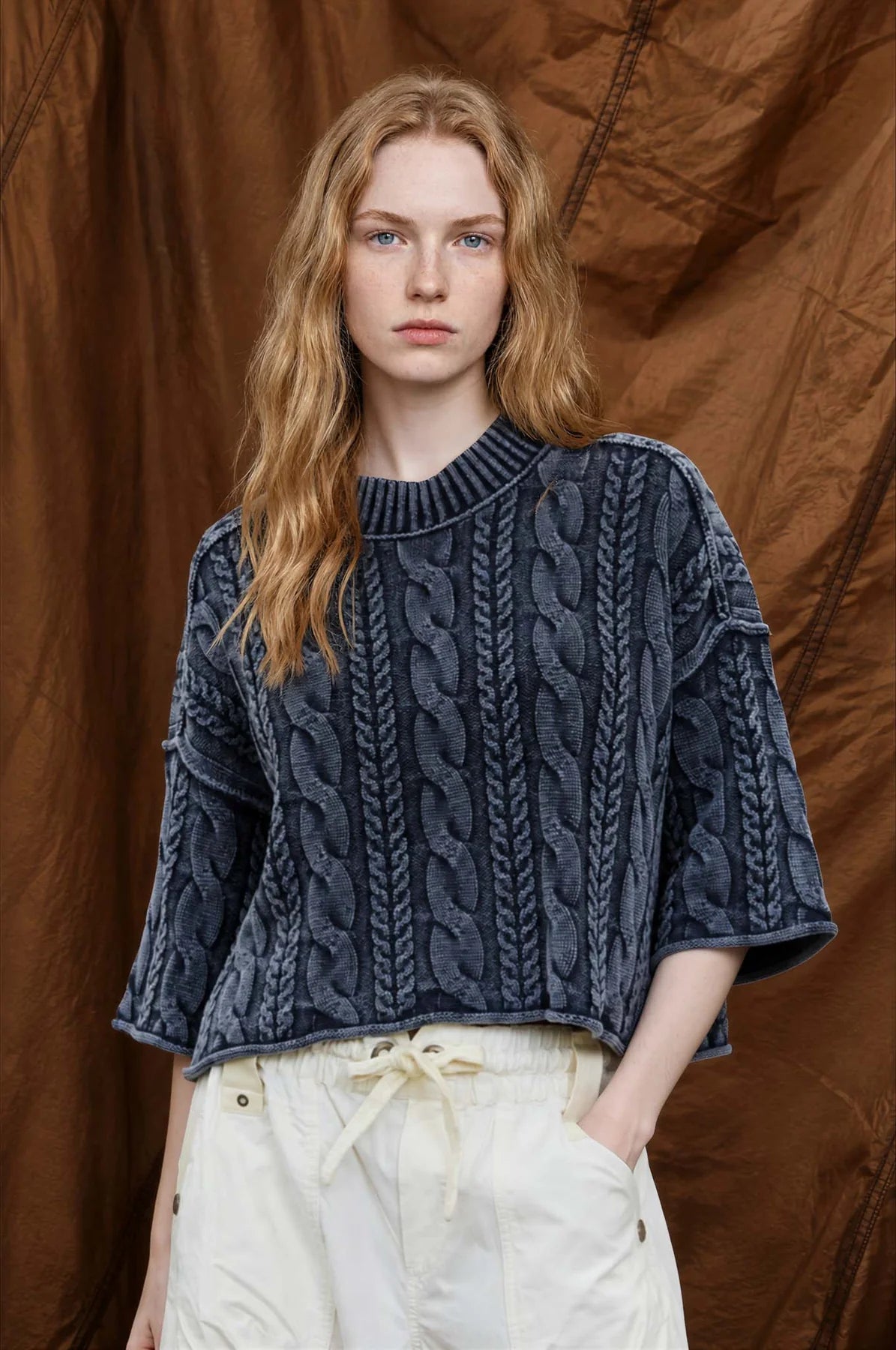 Washed Cable Knit Turtleneck Sweater