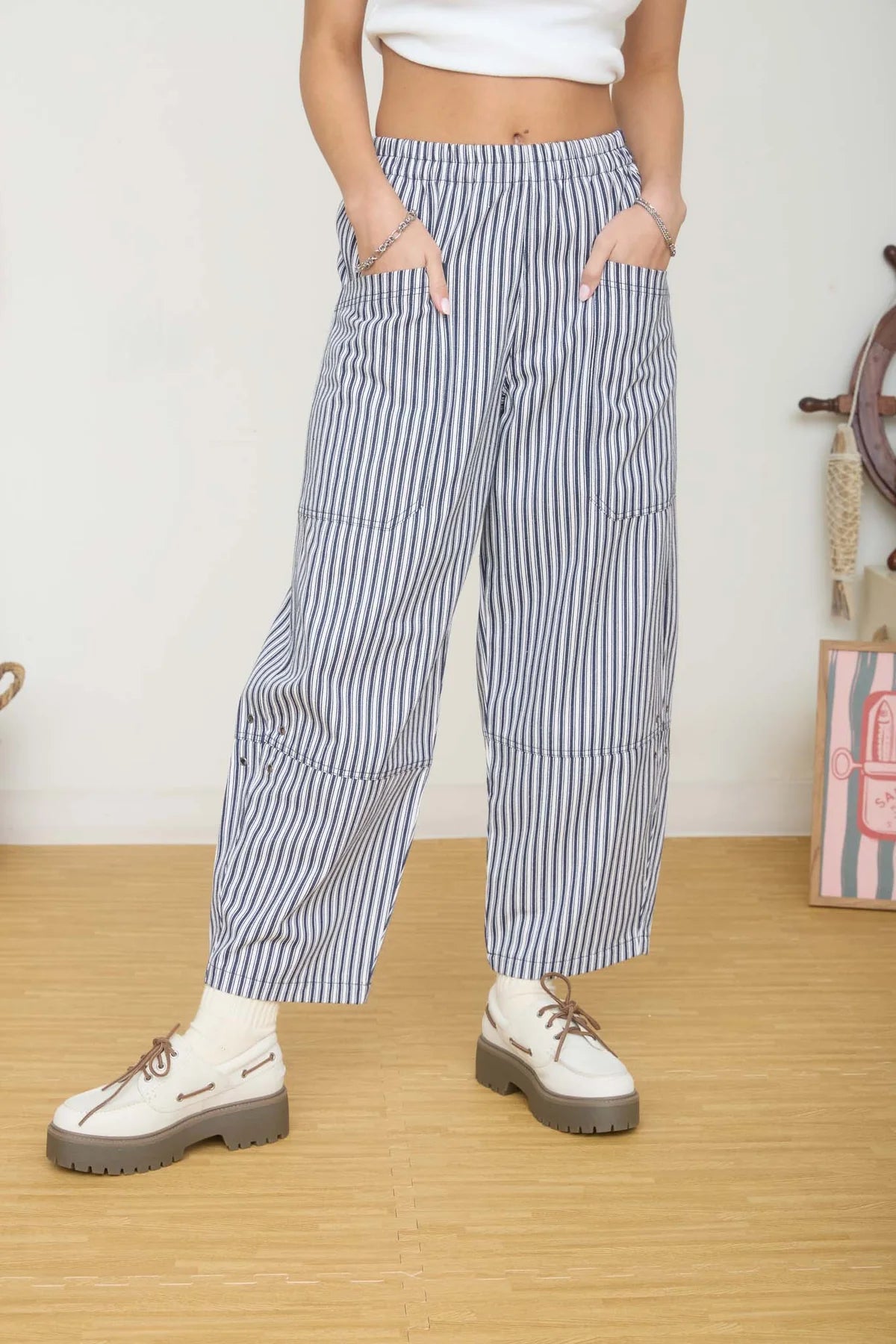 Striped Elastic Waist Patch Pocket Pants