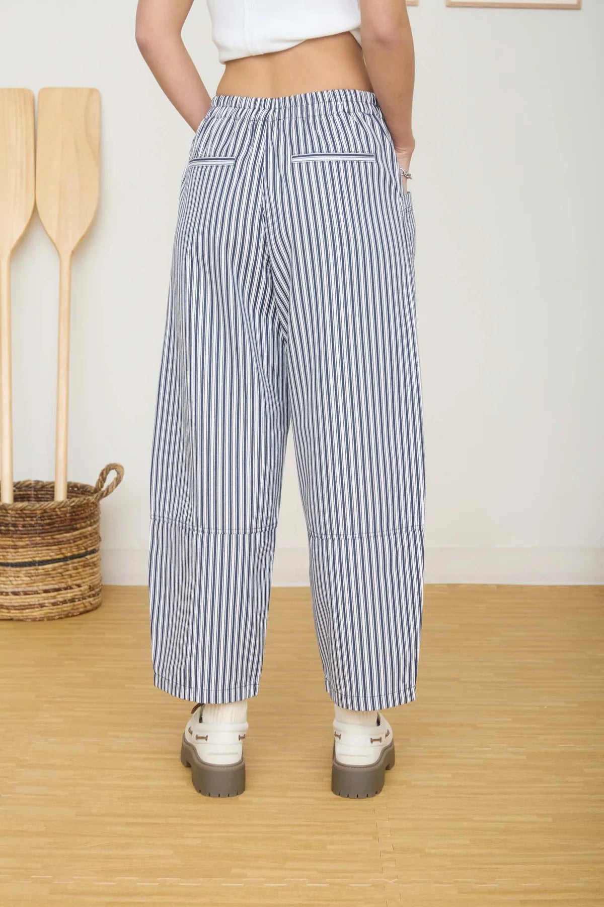Striped Elastic Waist Patch Pocket Pants