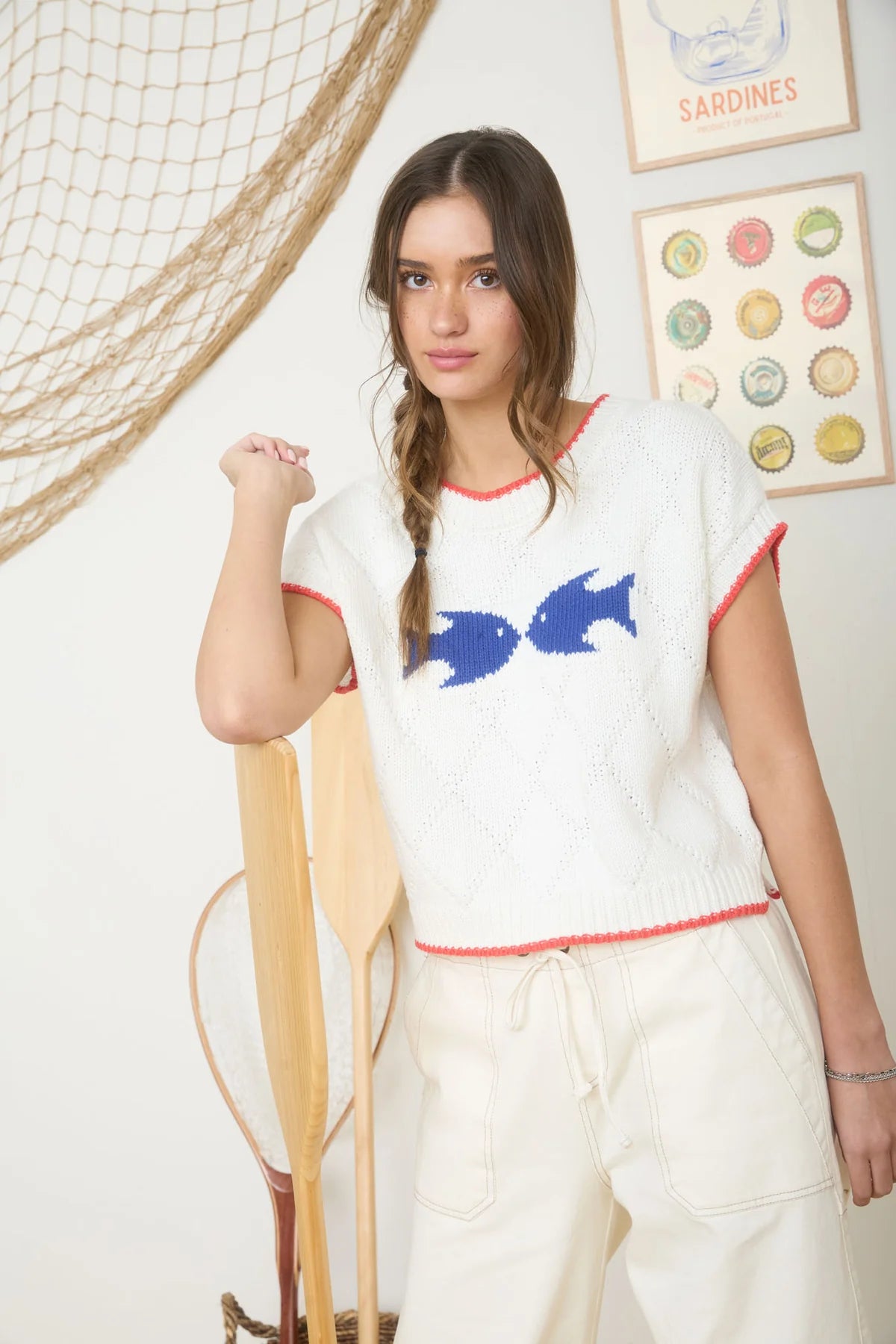 Marine Motif Dolman Knit Top