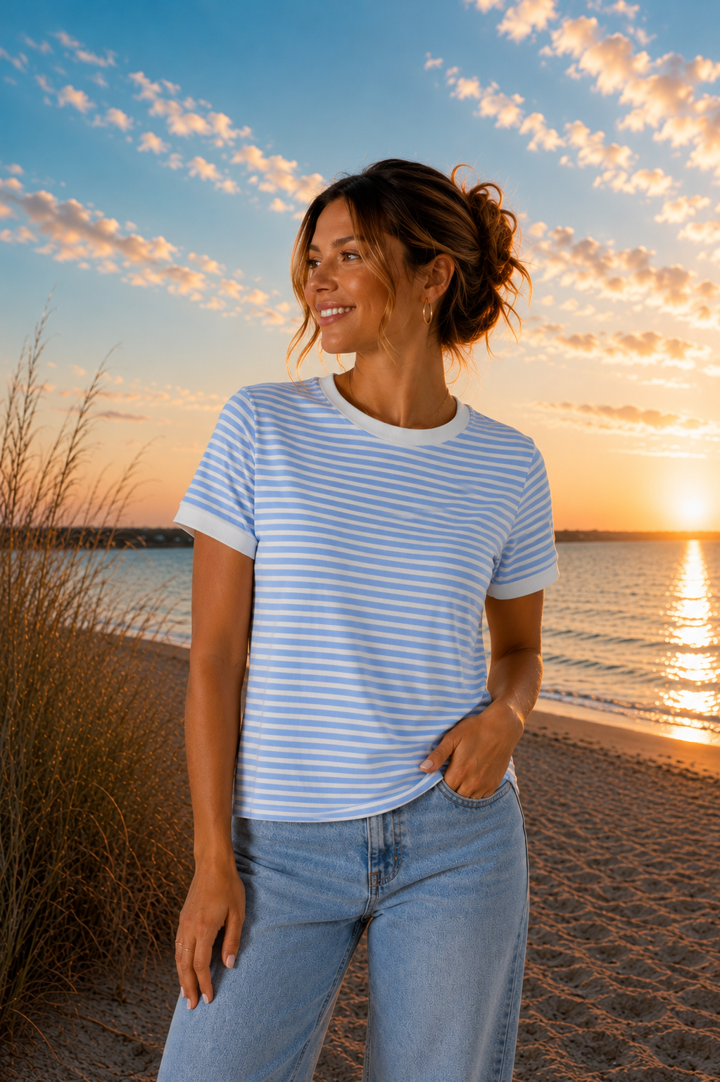 Striped Contrast Trim Rib Tee