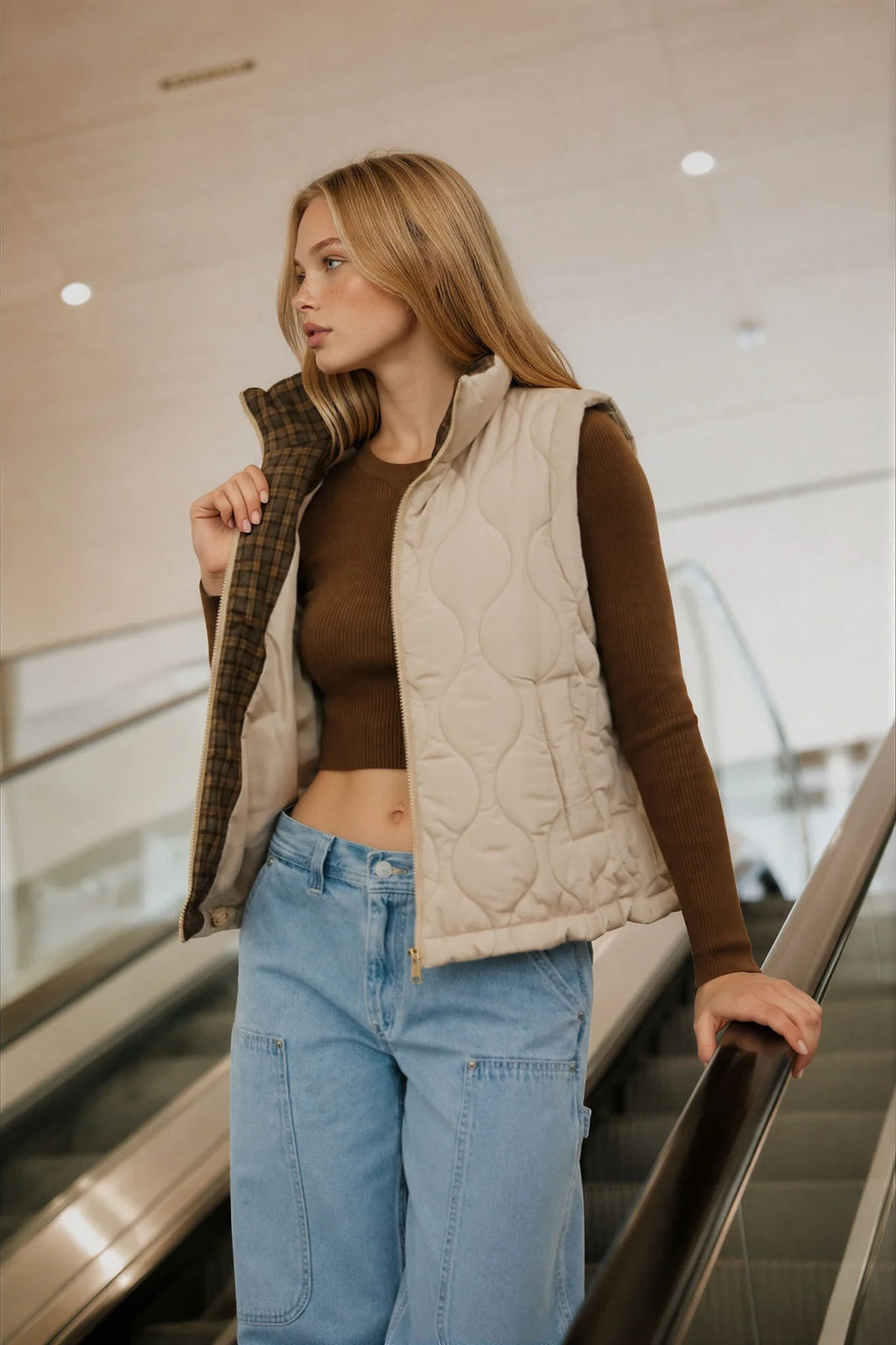 Plaid Collar Quilted Zip Up Vest