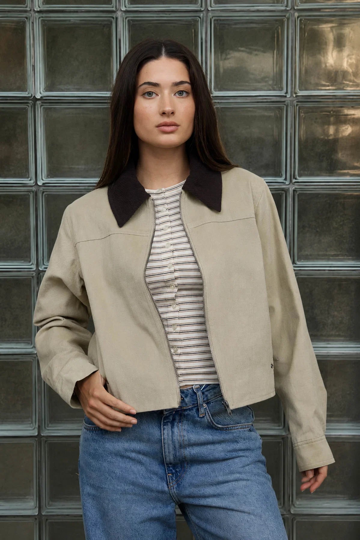 Corduroy Collar Zip-Up Jacket
