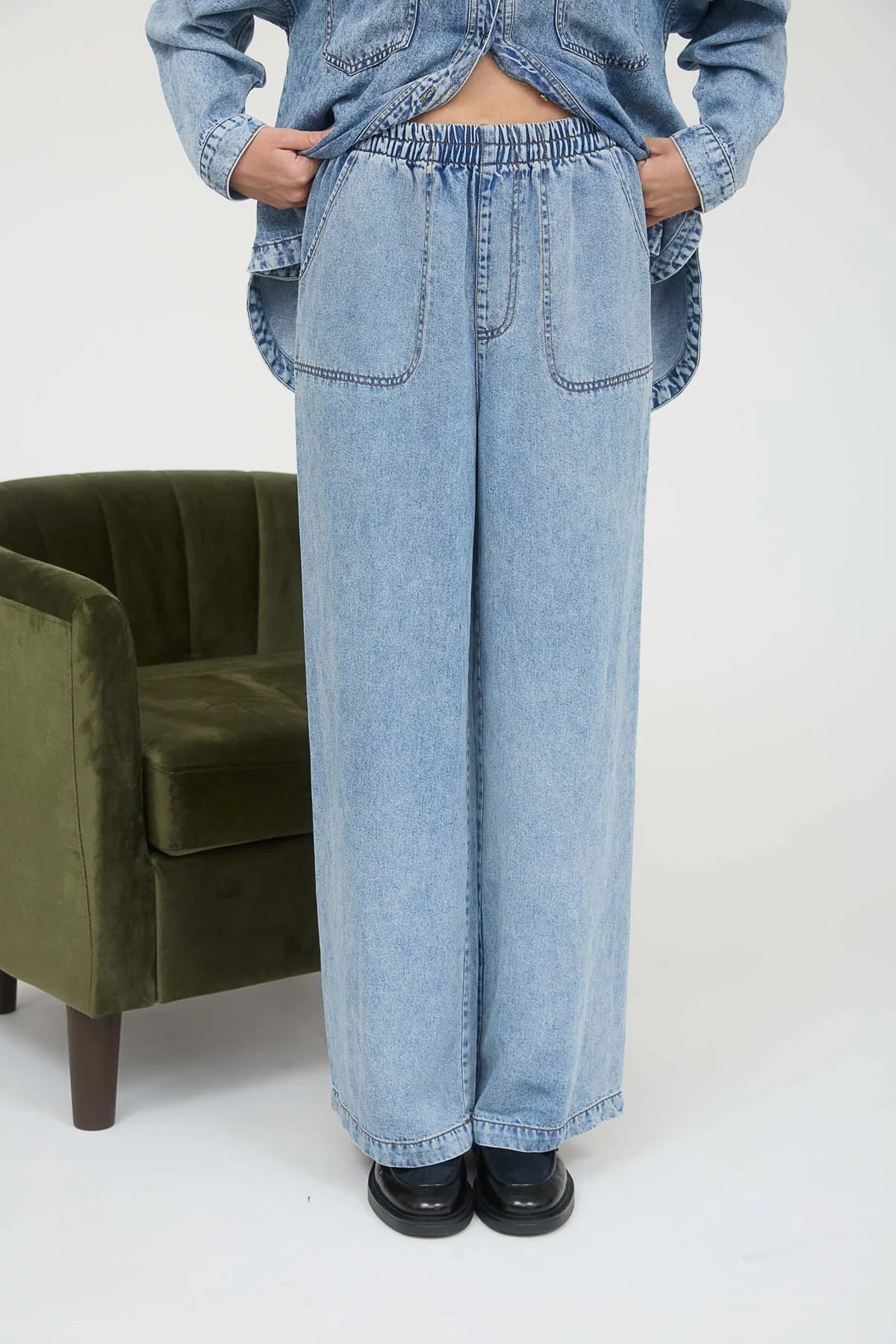 Washed Chambray Wide Leg Pants