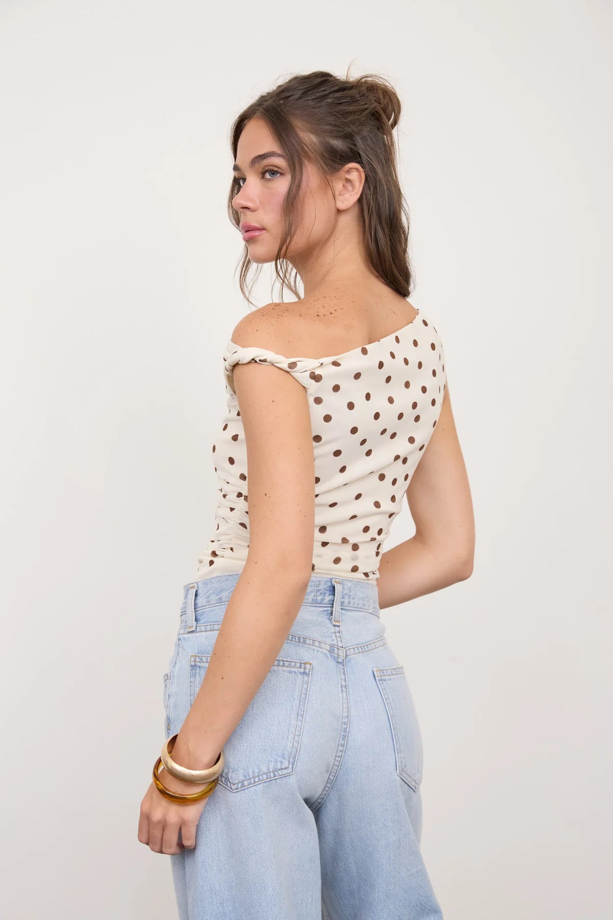 Polka Dot Off Shoulder Mesh Top