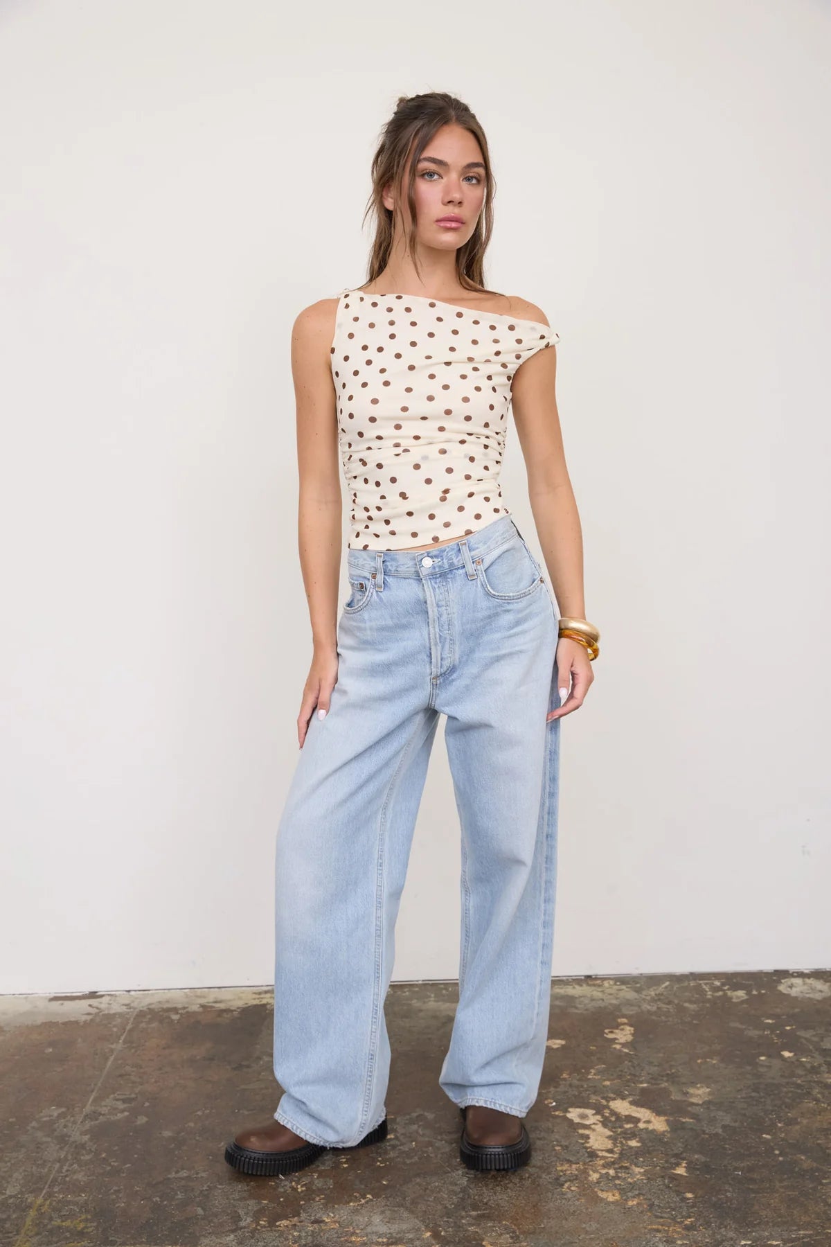 Polka Dot Off Shoulder Mesh Top
