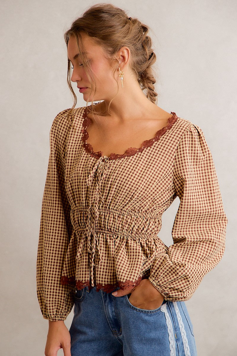 Gingham Lace Trim Peplum Blouse