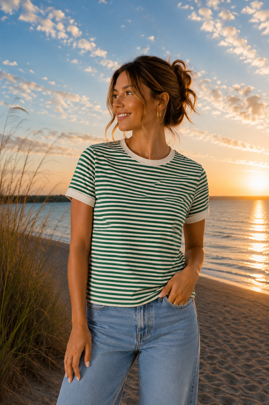 Striped Contrast Trim Rib Tee