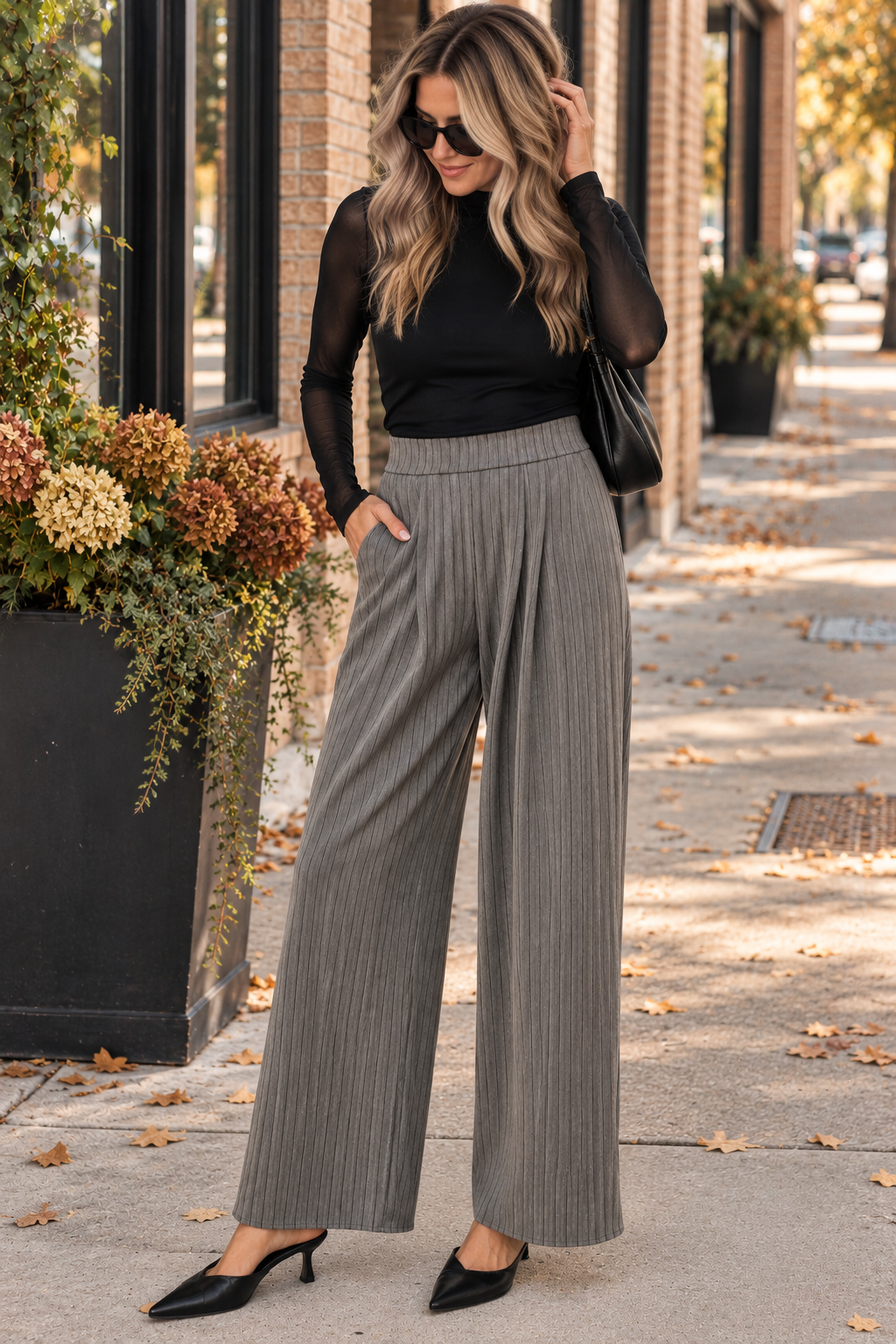 High Rise Pinstripe Wide Leg Trousers