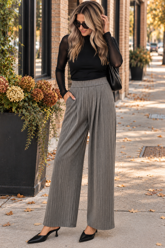 High Rise Pinstripe Wide Leg Trousers