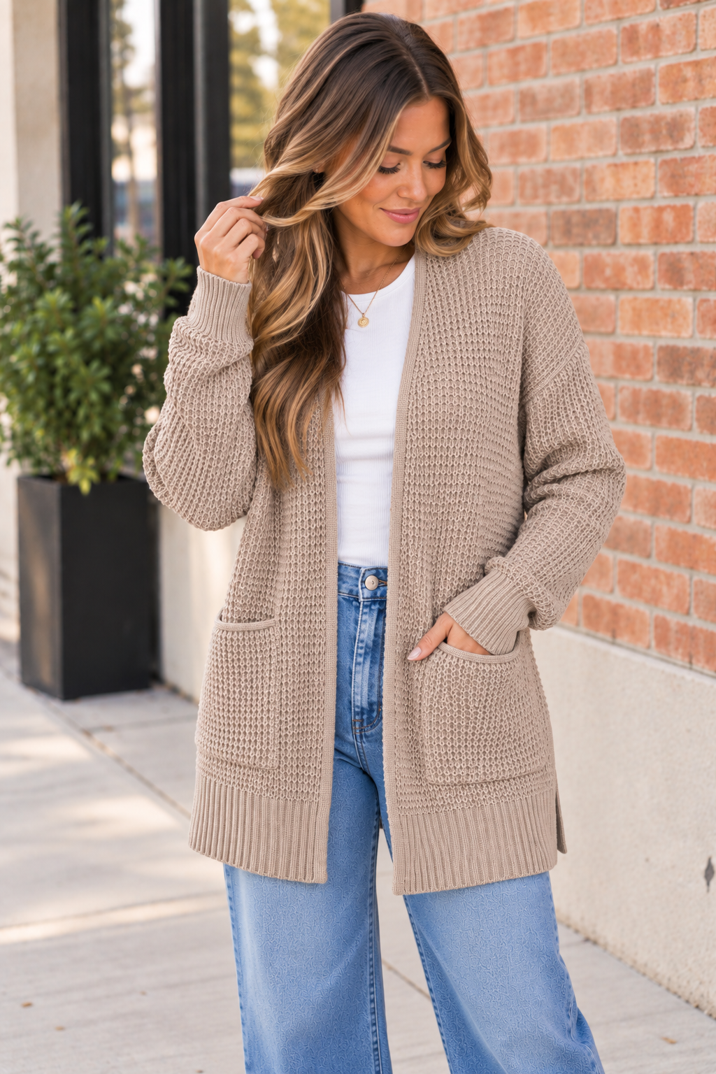 Waffle Knit Open Cardigan
