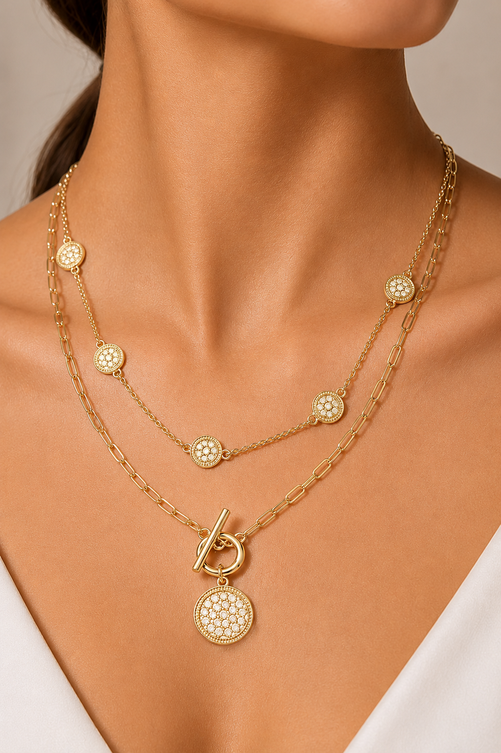 Layered Coin Charm Toggle Necklace