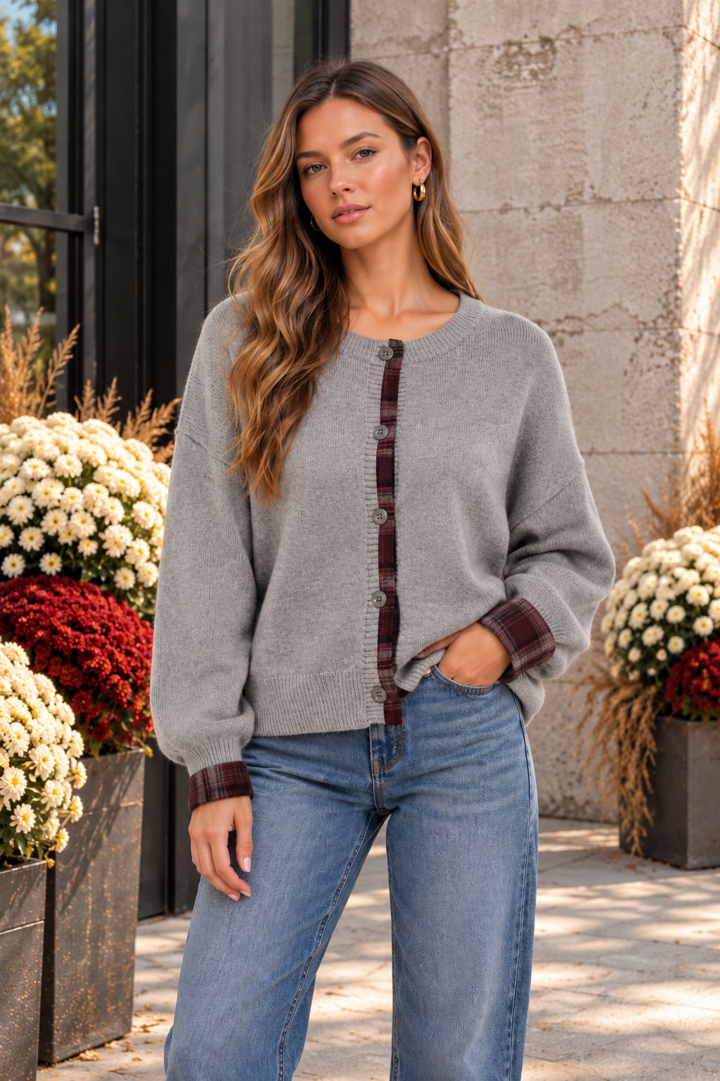 Plaid Trim Button Cardigan