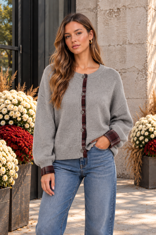Plaid Trim Button Cardigan