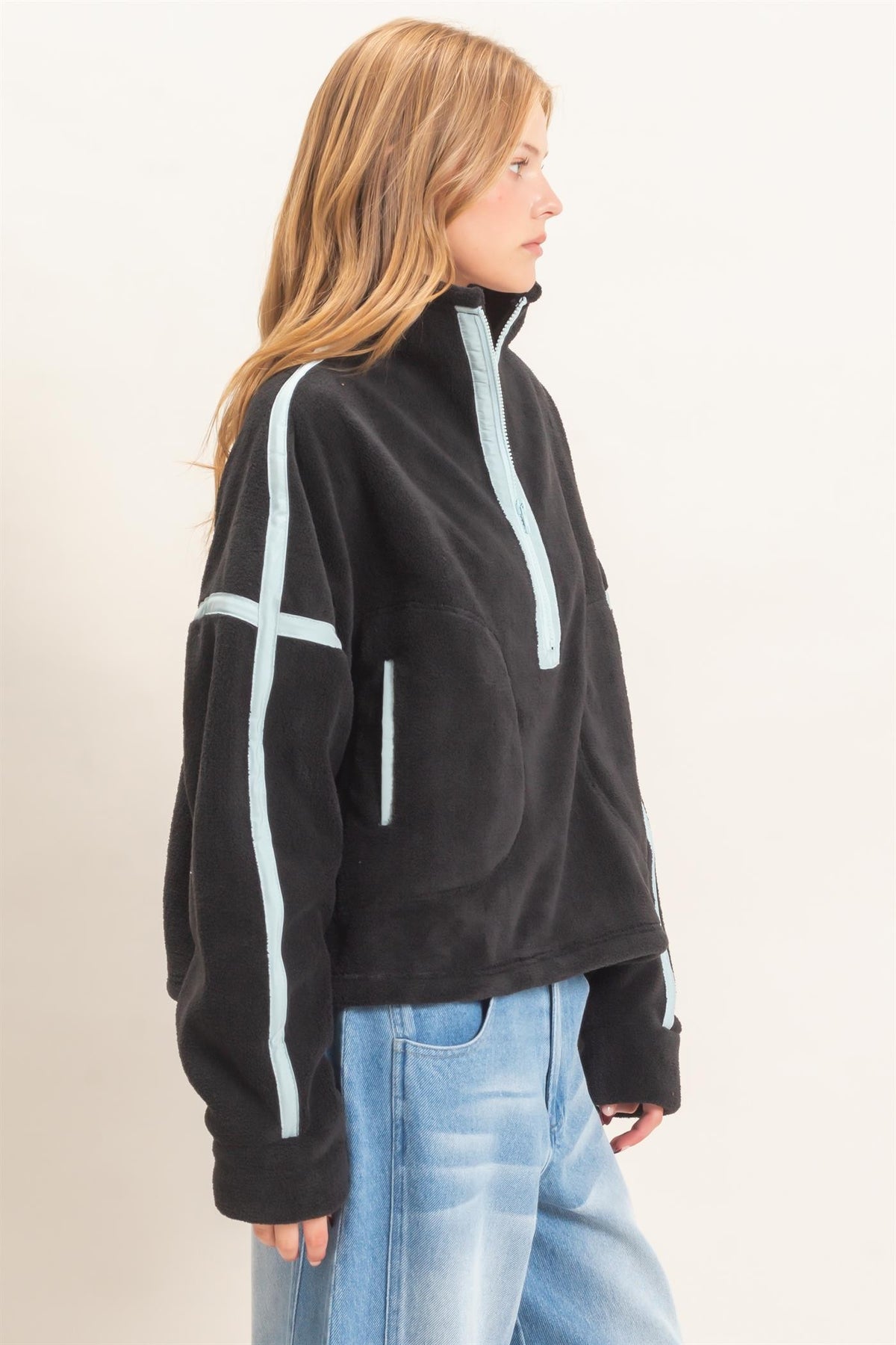 Contrast Trim Fleece Half Zip Pullover