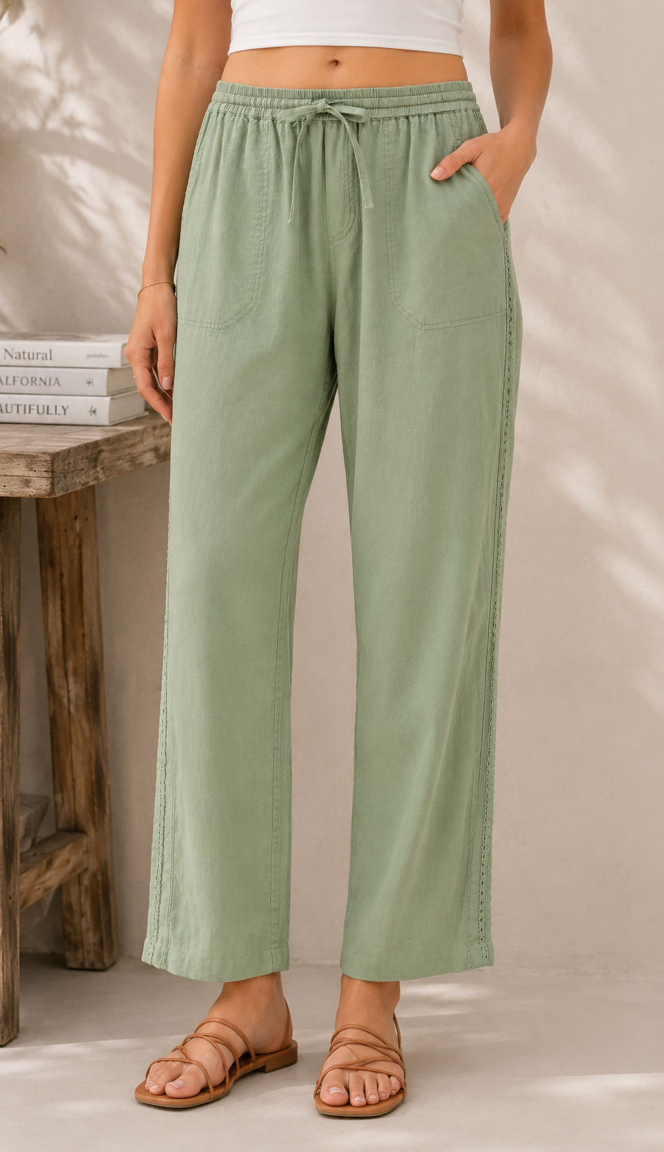 Crochet Trim Linen Pants