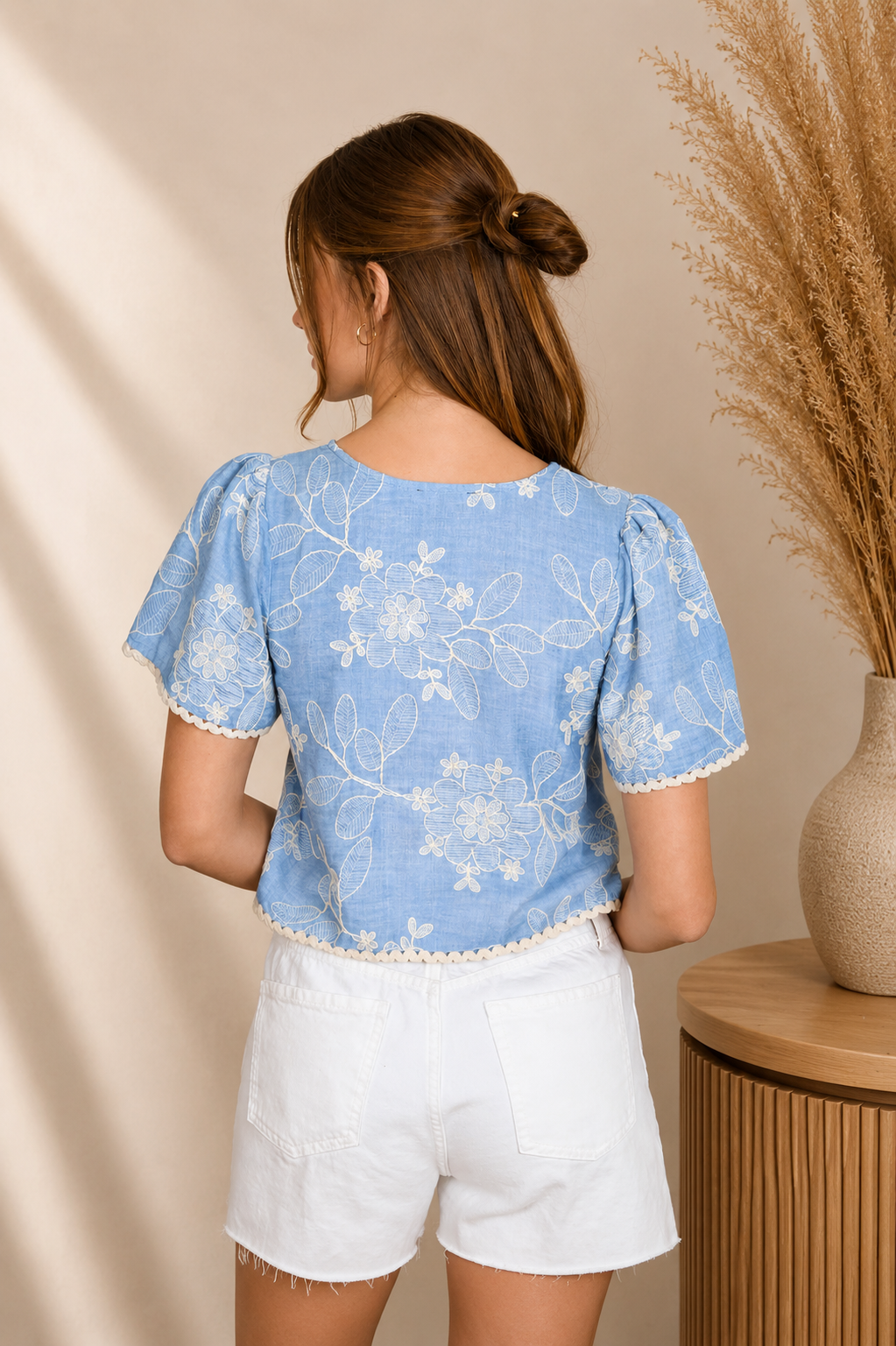 Embroidered Wavy Trim Tie Front Top