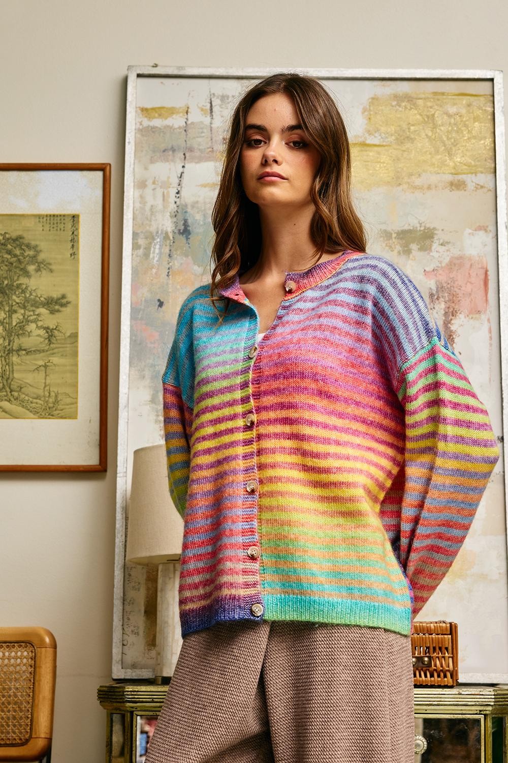Rainbow Striped Button Cardigan