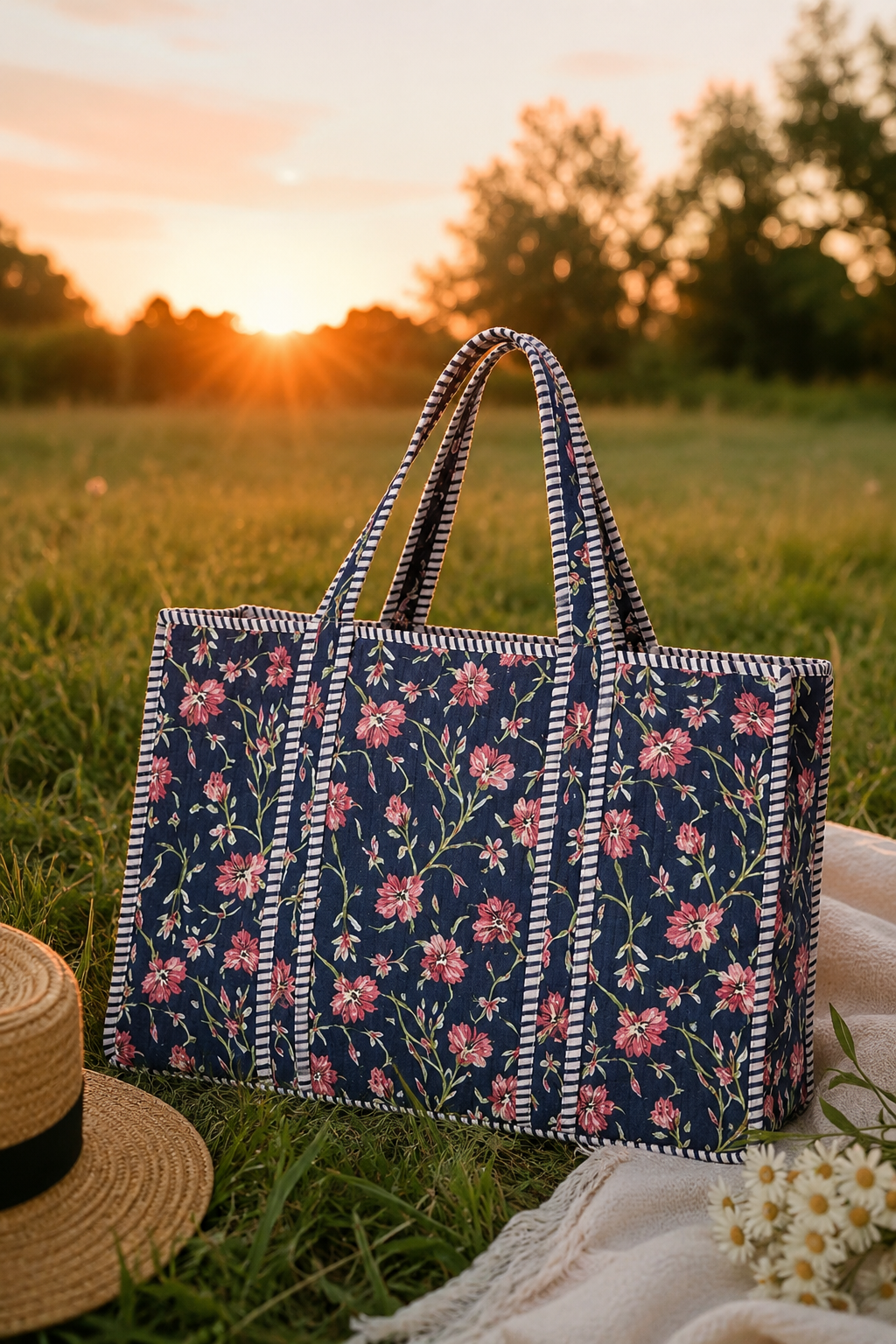 Large Floral Navy Quilted Cotton Travel Tote Bag