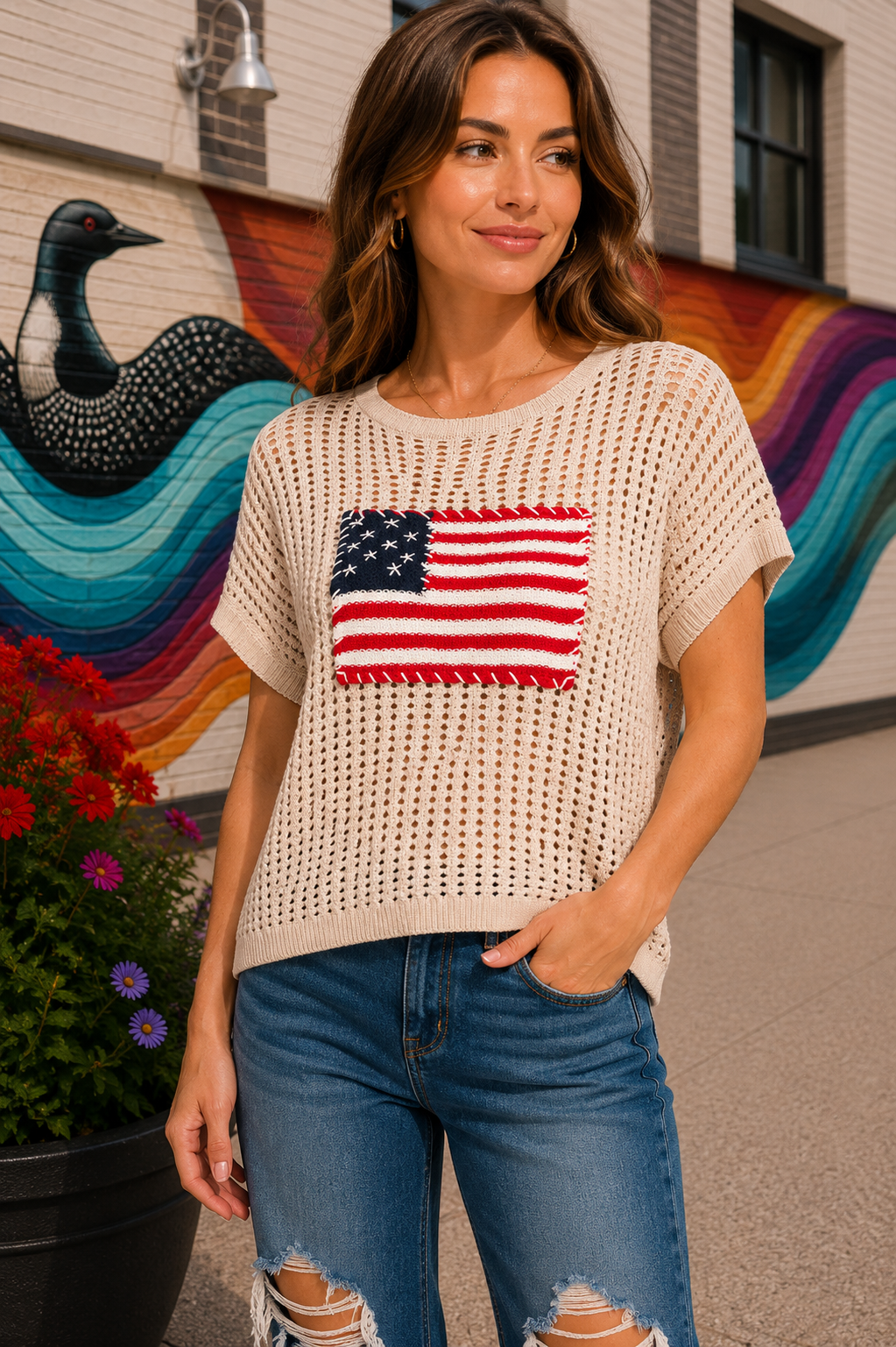 American Flag Open Stitch Sweater
