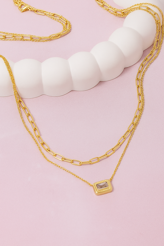 Baguette Pendant Layered Chains Necklace