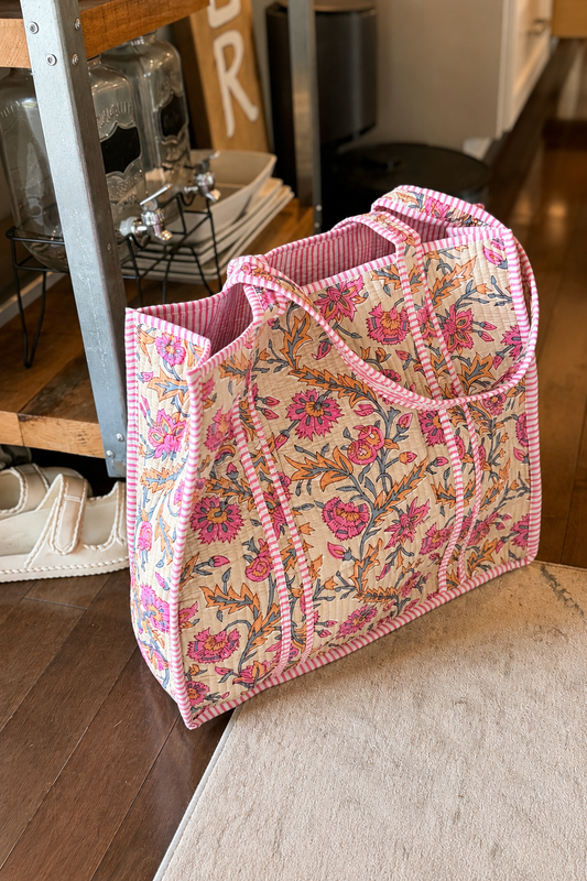 Large Light Floral Quilted Cotton Travel Tote Bag